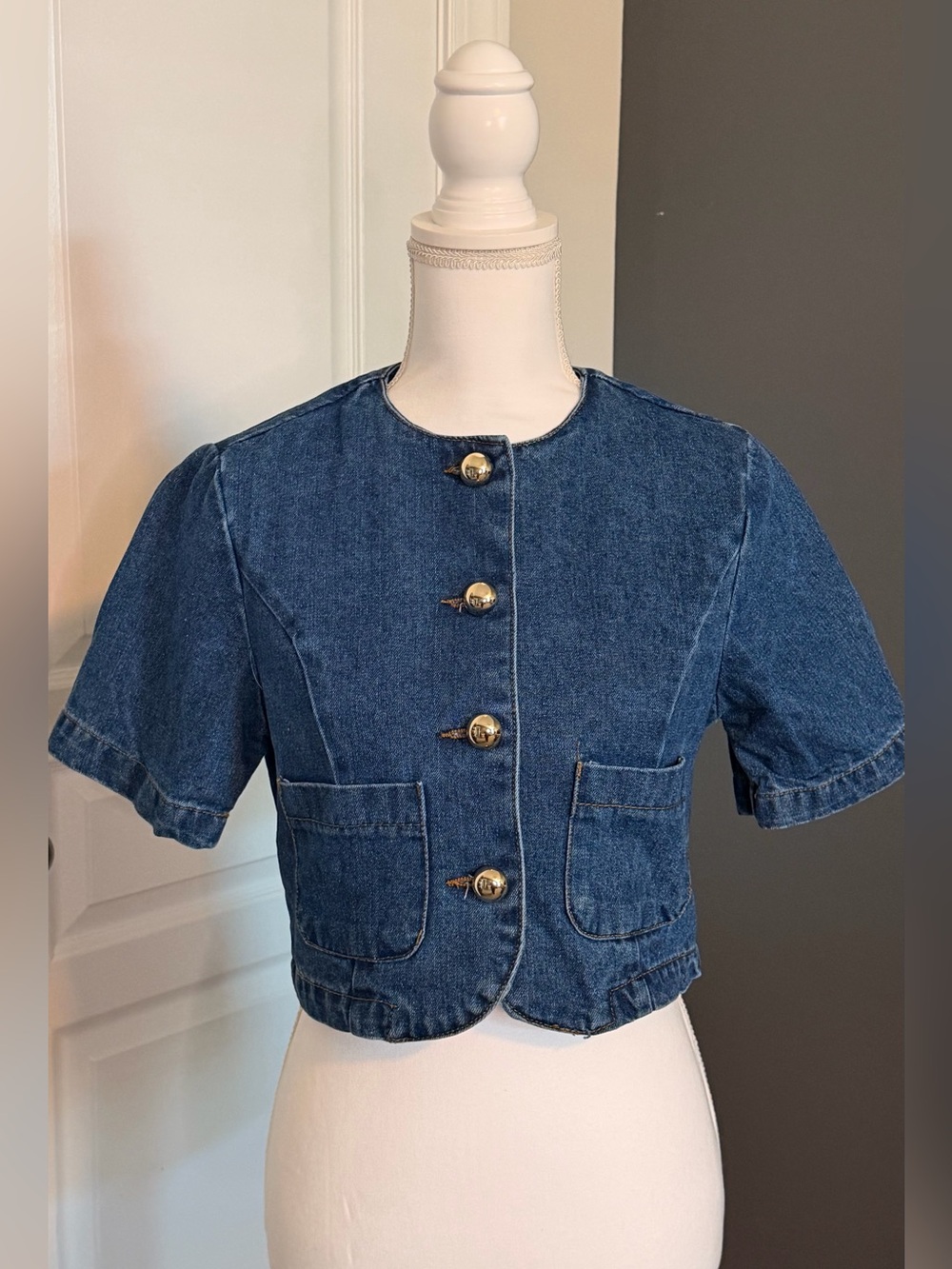 Denim Short-Sleeve Cropped Jacket - Blue with gold button detail